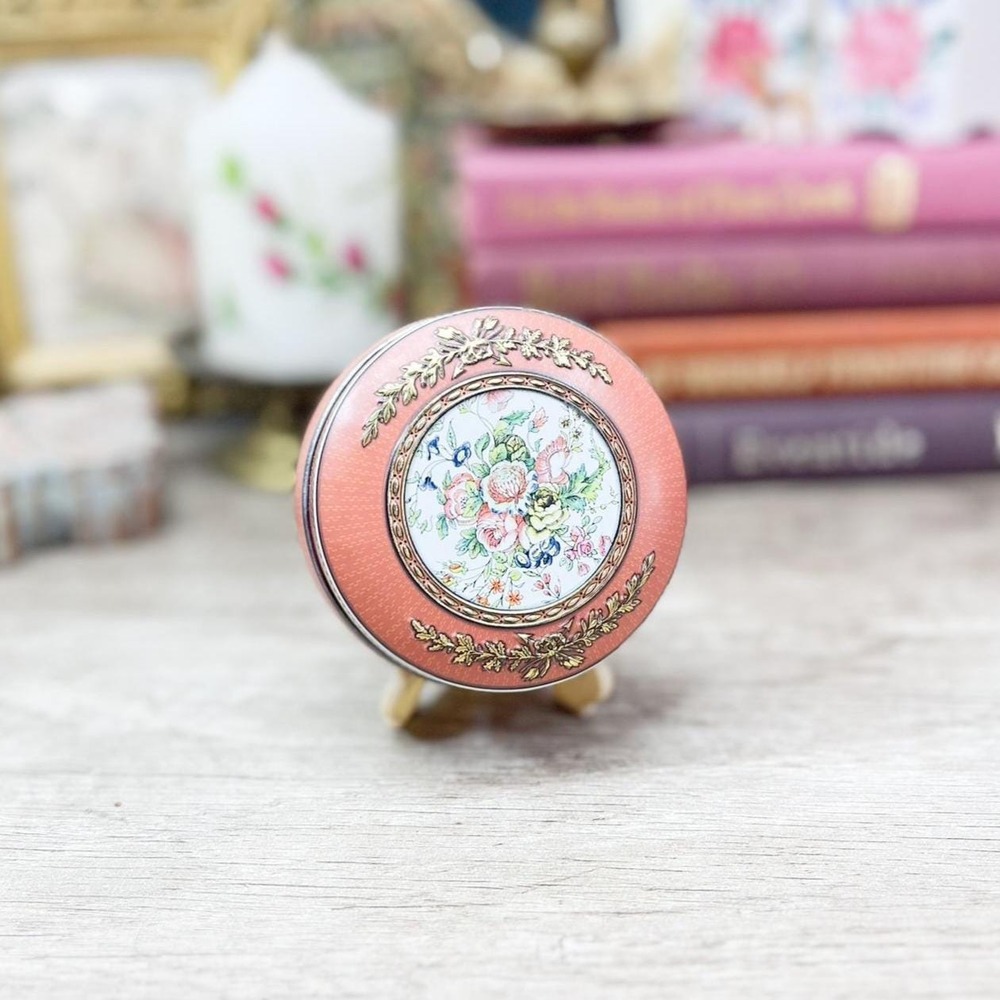 Vintage Pink Floral Tin, Gold Metal Storage Tin Made in England